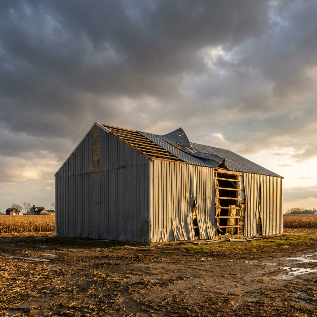 Storm-damaged pole barn in Indiana showing wind damage to steel panels and roof