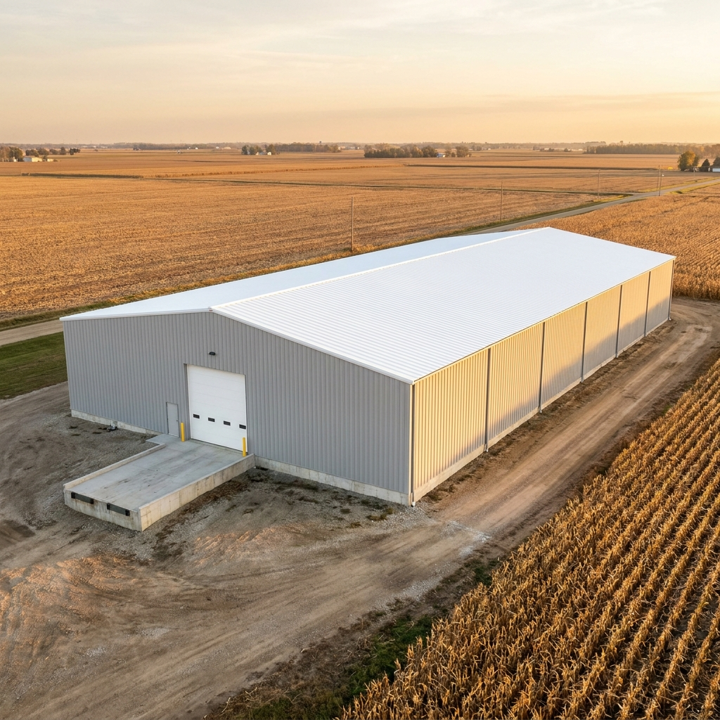 Post-frame cold storage building on Indiana farmland with loading dock