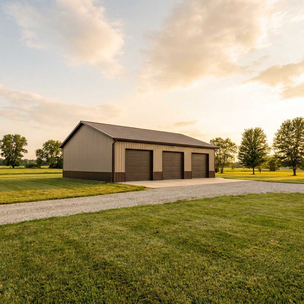Three-bay post-frame pole barn garage with overhead doors on Indiana residential property