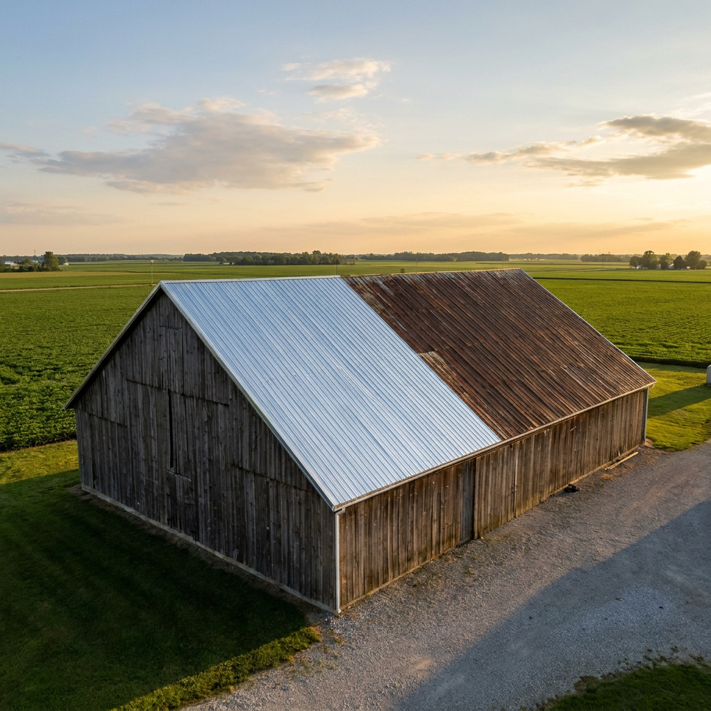 Pole barn roof replacement after storm damage on Indiana post-frame building
