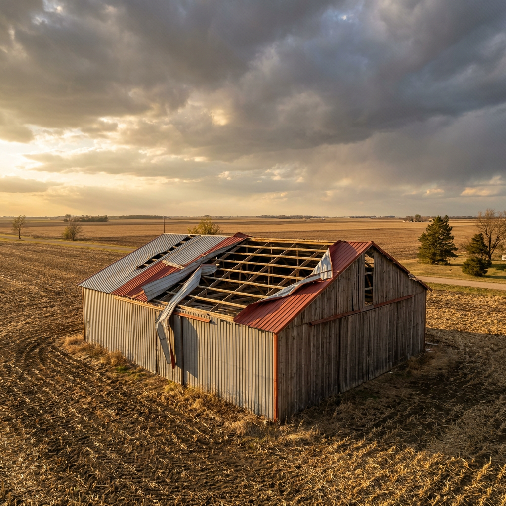 Wind damage to a pole barn roof with metal panels peeled back after 70 mph storm in Indiana