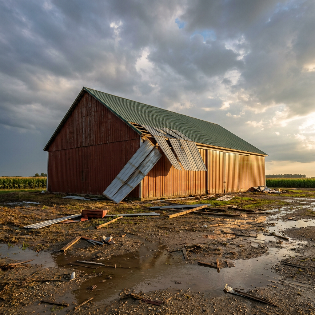 Storm-damaged pole barn building in Indiana requiring insurance damage documentation