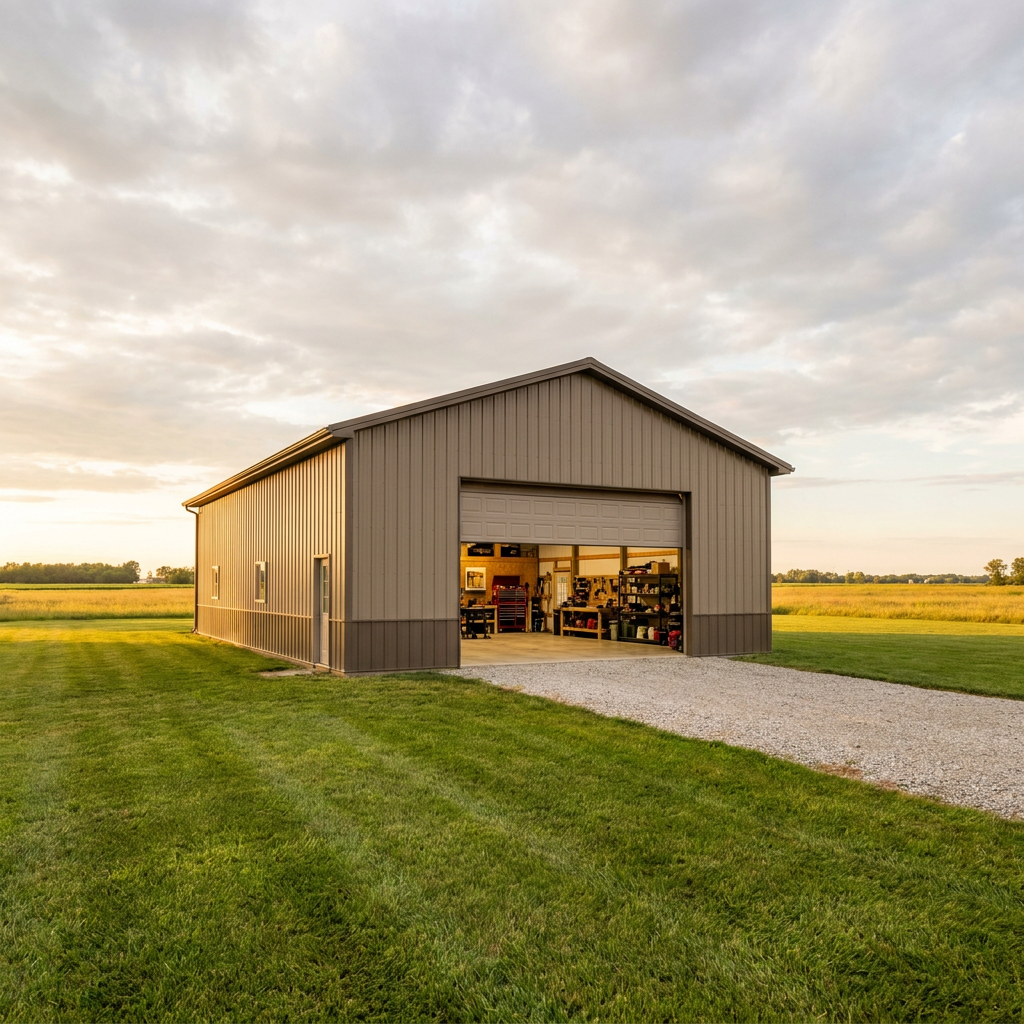 Post-frame hobby shop building with overhead door on rural Indiana property