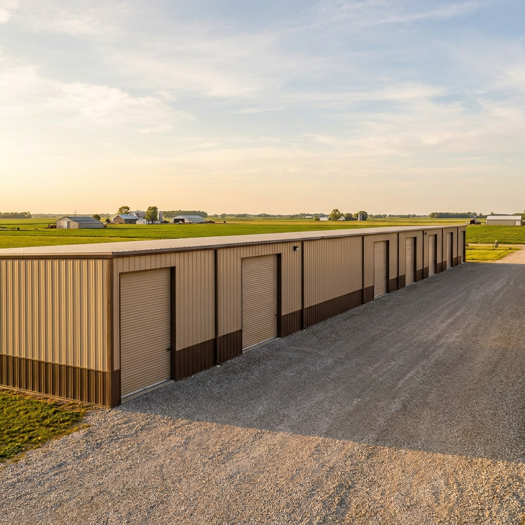 Post-frame self-storage building with roll-up doors in rural Indiana setting