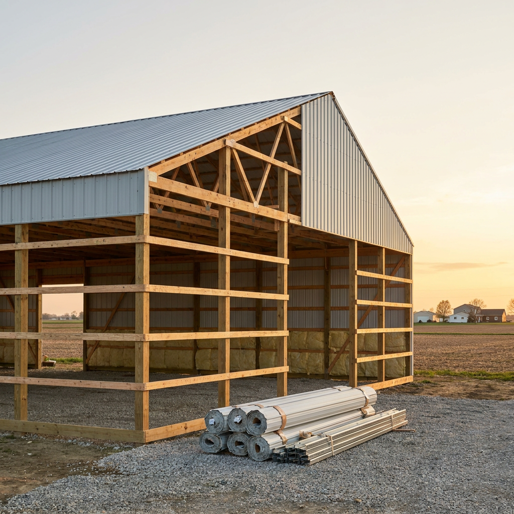 Pole barn rebuild with upgrade improvements showing exposed framing and new insulation in Indiana