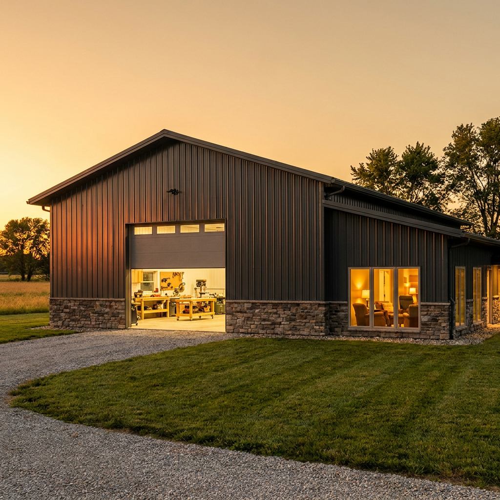 Large pole barn man cave workshop with overhead door and lounge area in Indiana