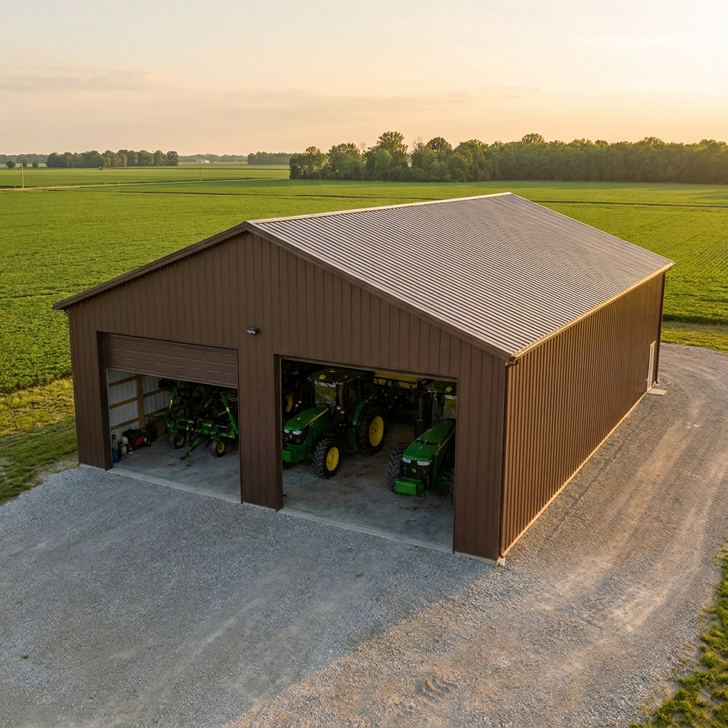 40x60 equipment barn pole barn with overhead doors on Indiana farm property