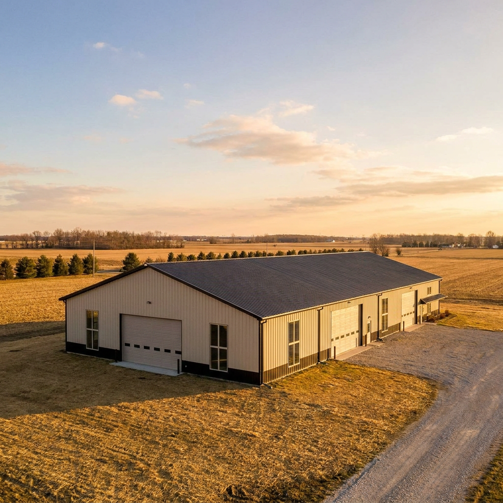 Energy-efficient post-frame building with insulated metal panels in rural Indiana landscape