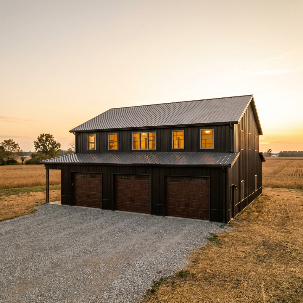 Two-story pole barn garage with living space above on Indiana rural property