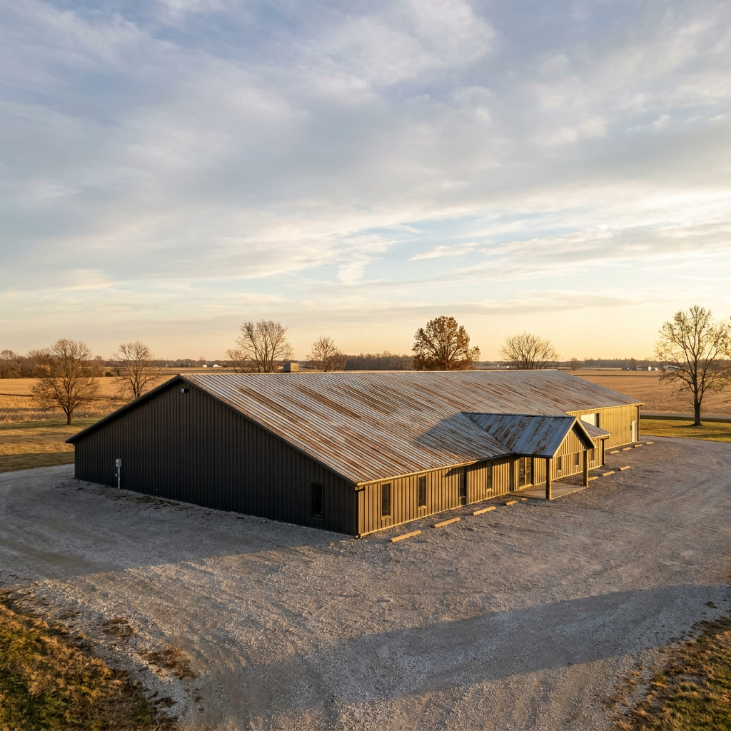 Large commercial pole barn building in Indiana with metal siding and wide parking area