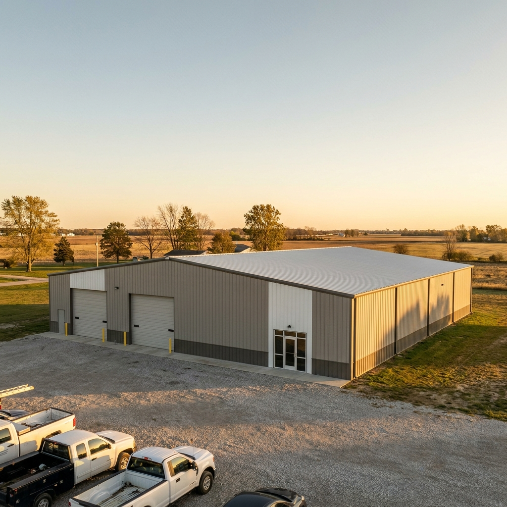 Post-frame light industrial building with overhead doors on Indiana commercial property