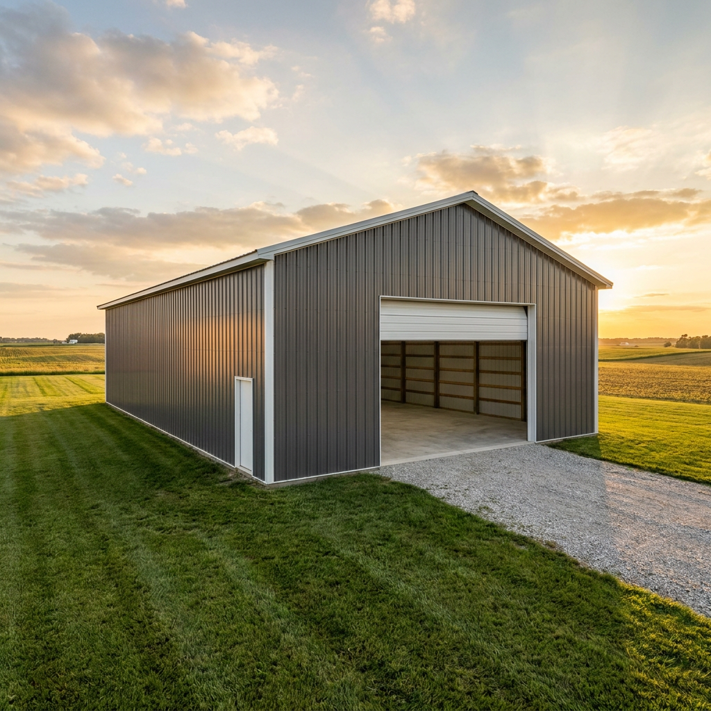 Post-frame pole barn storage building on rural Indiana property with open overhead door