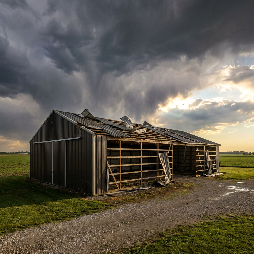 Storm-damaged pole barn building in Indiana with torn roof panels needing insurance claim