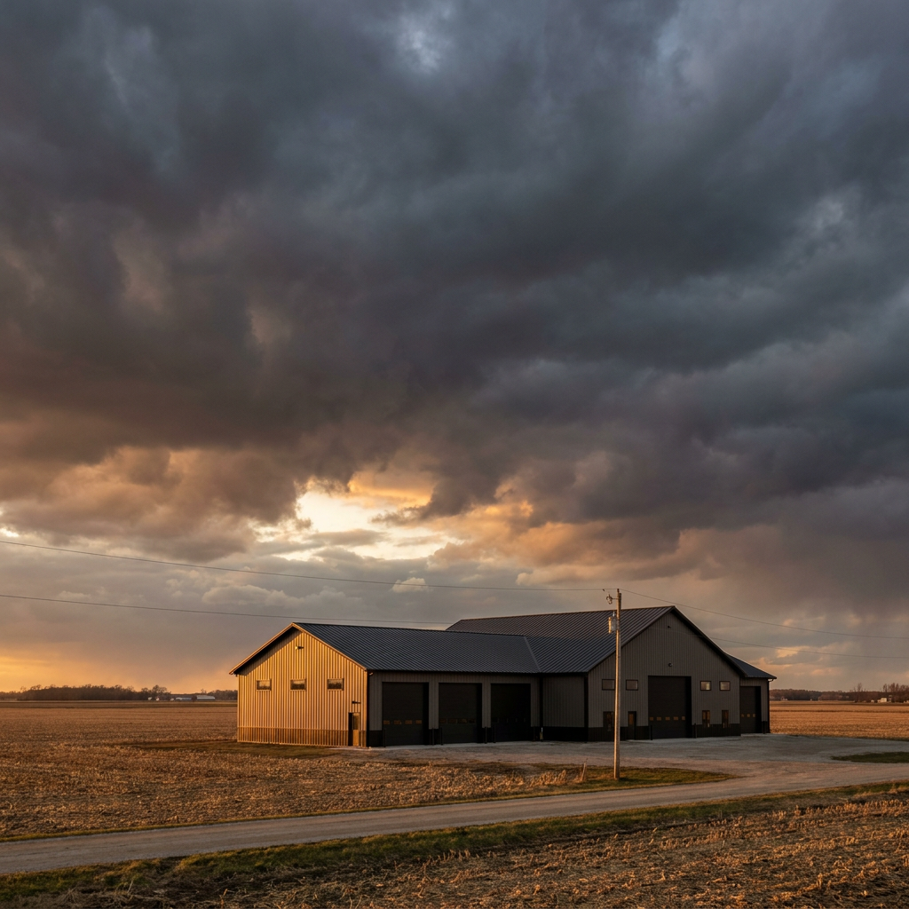 Post-frame pole barn building standing against Indiana storm clouds showing wind-resistant construction