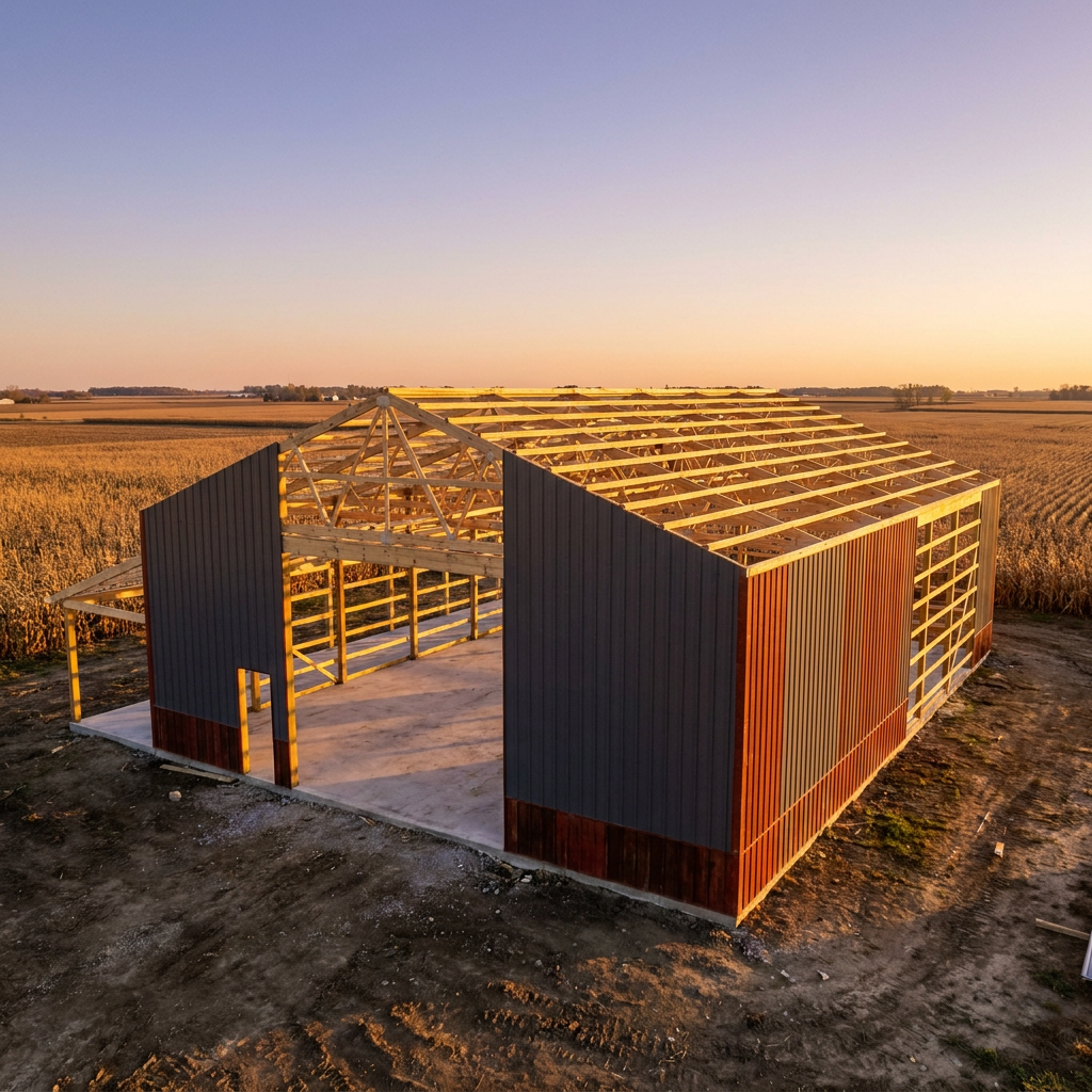 Barndominium shell financing Indiana post-frame construction site in rural setting
