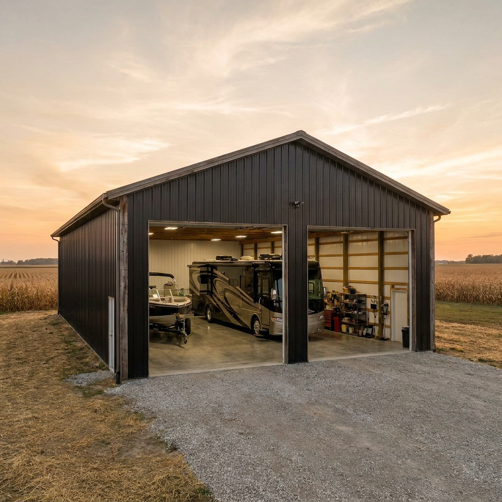 Large pole barn RV boat storage building with open overhead doors on Indiana property