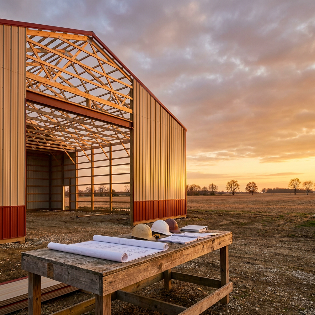 Commercial pole barn building under construction in Indiana with permit documents visible