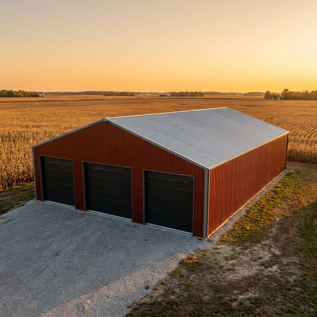 Large pole barn grain storage building on Indiana farmland during harvest season
