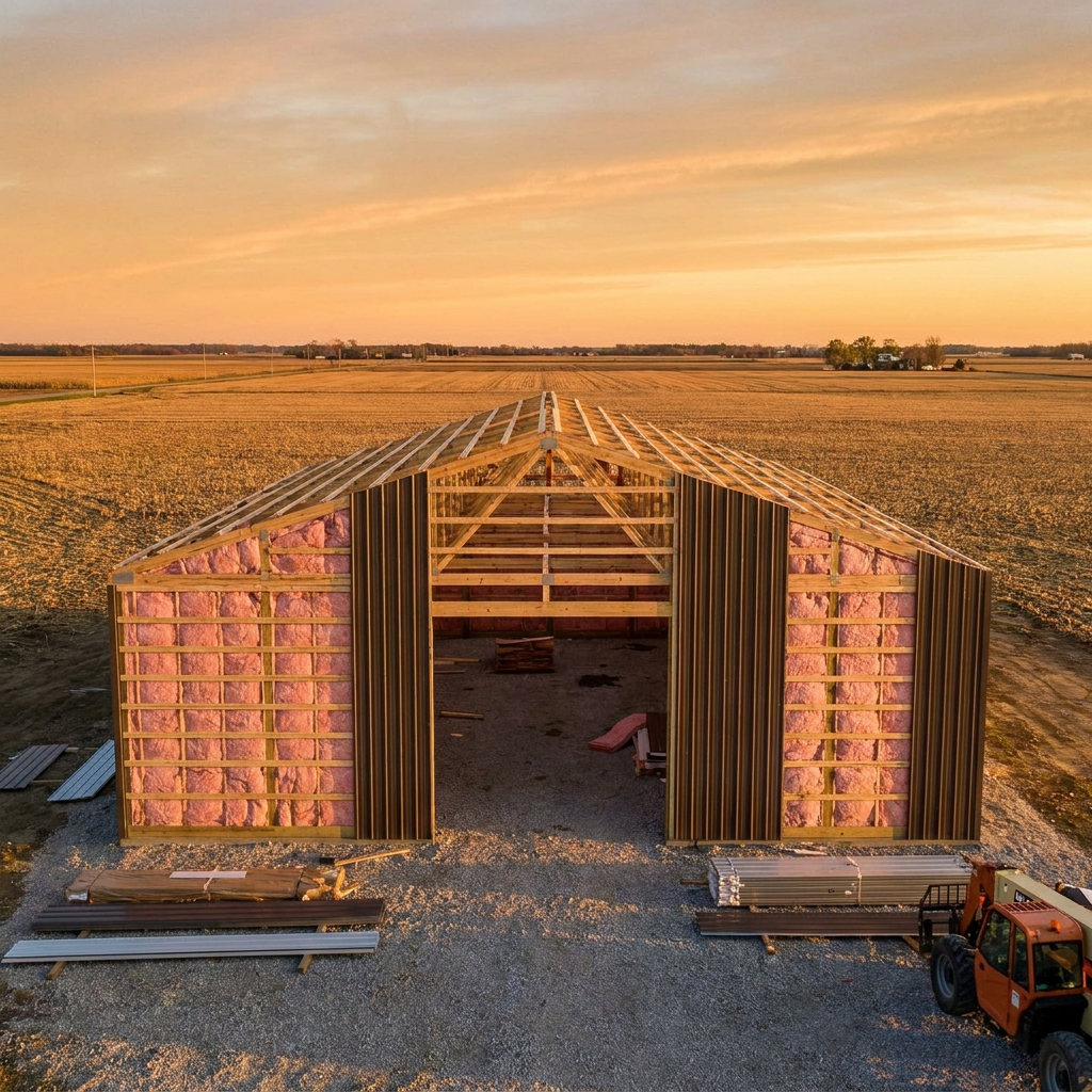 Commercial pole barn insulation installation on a post-frame building in Indiana