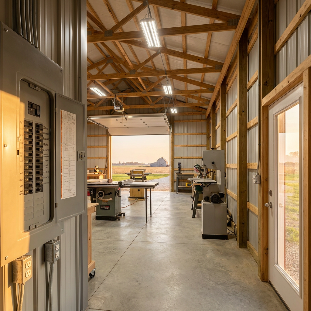 Post-frame hobby shop electrical panel and LED lighting inside an Indiana pole barn workshop