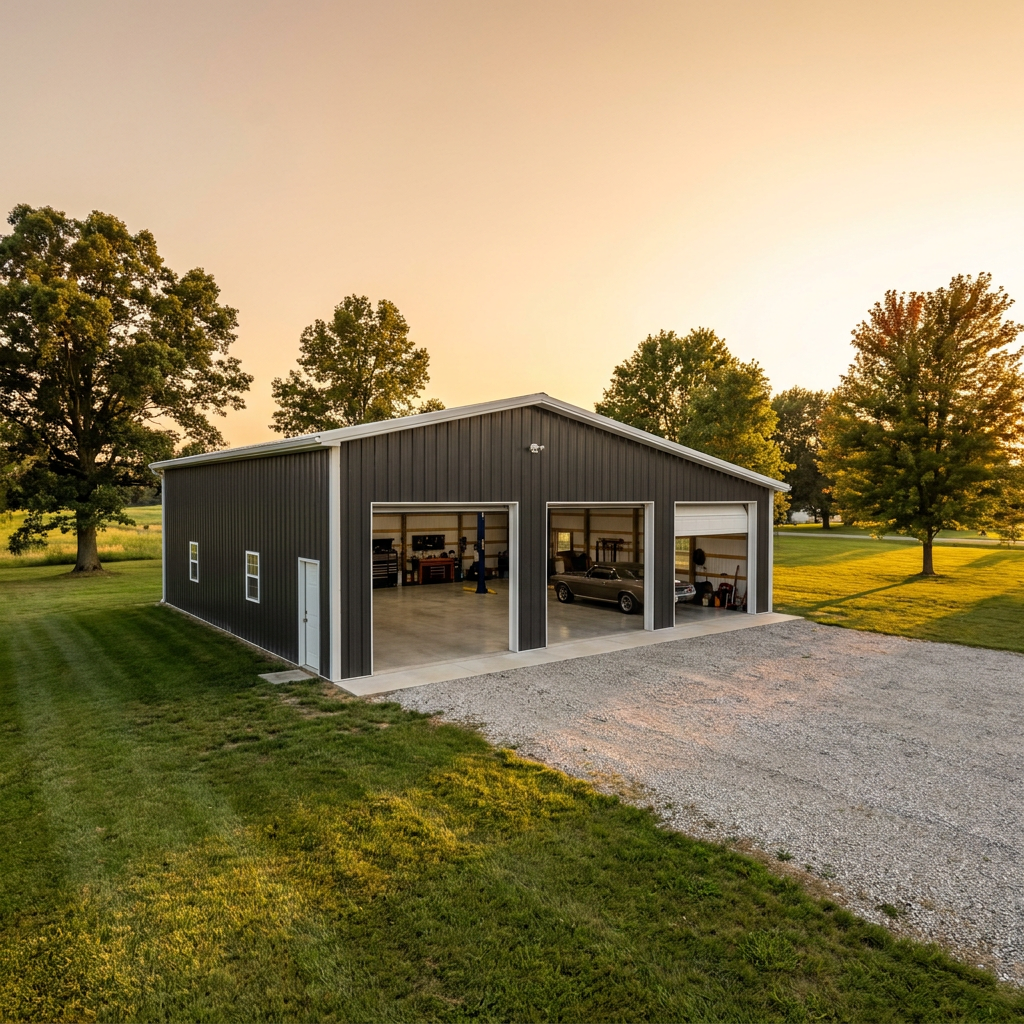 Post-frame vs stick-built garage with steel siding on Indiana property