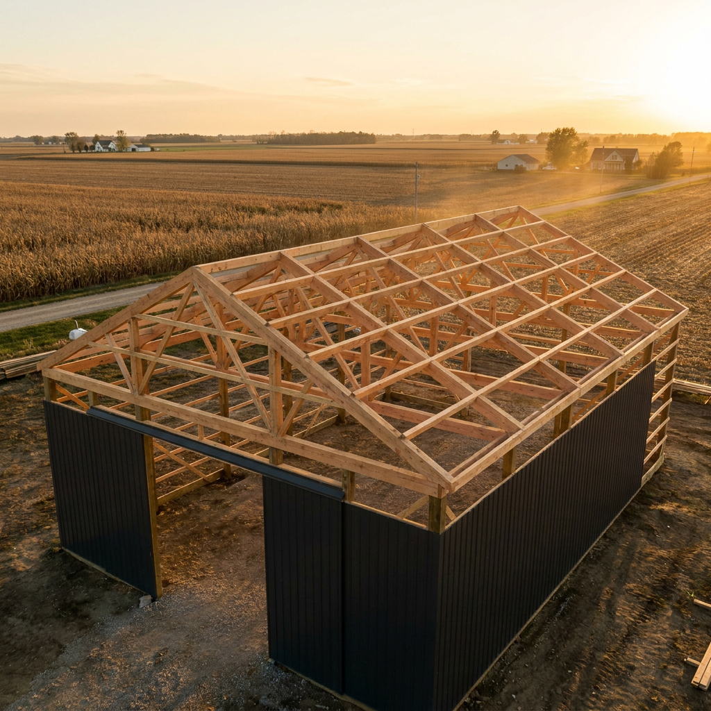 Commercial pole barn under construction meeting Indiana building codes with exposed framing