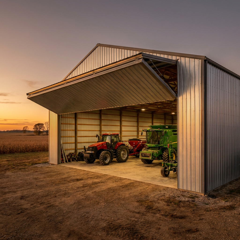 Large post-frame machine shed with open bifold doors on Indiana farmland