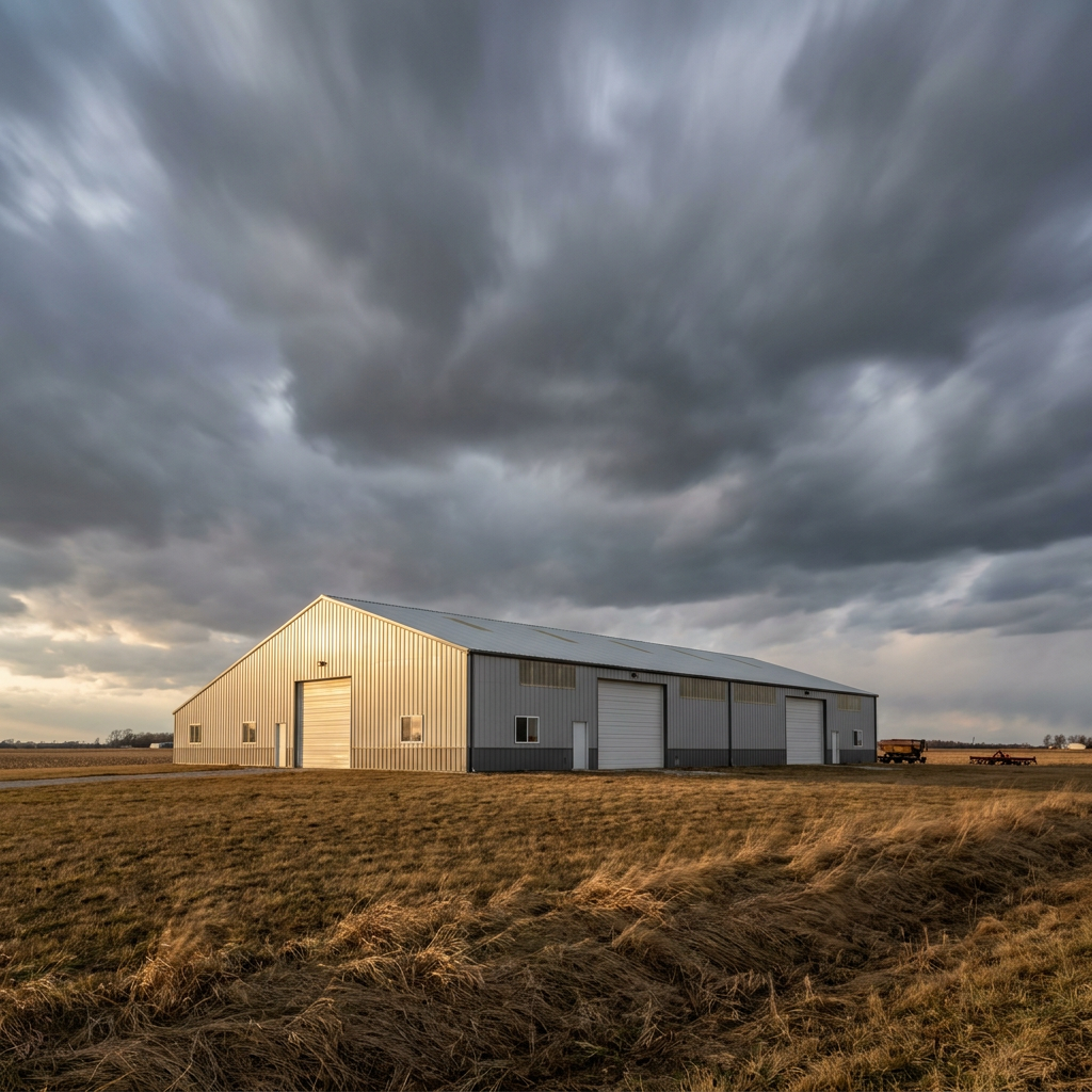 Commercial pole barn building engineered for Indiana building code wind load requirements