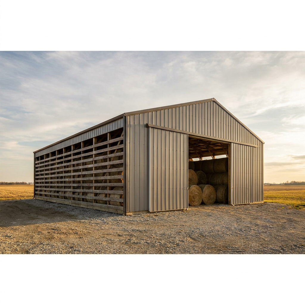 Large pole barn hay barn with round bales stored inside on Indiana farmland