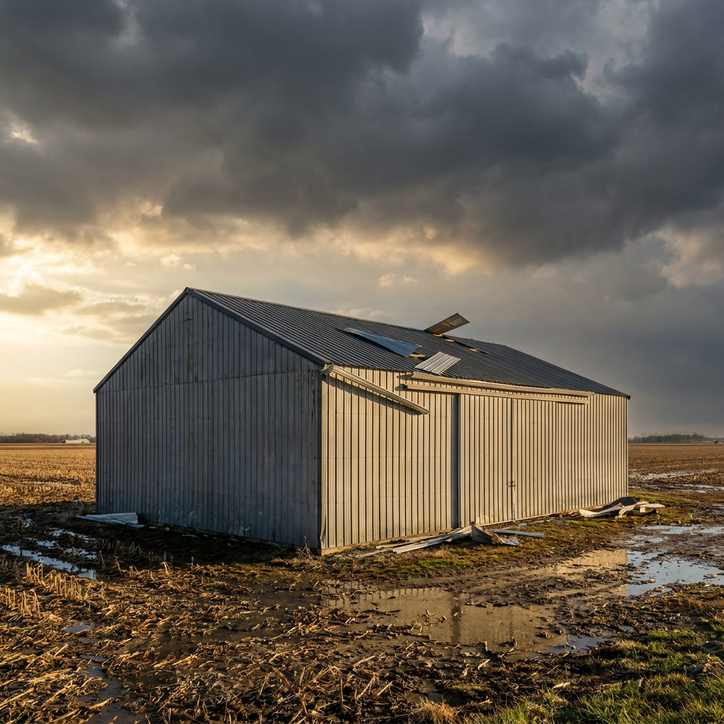 Pole barn storm damage assessment showing wind-affected metal building in rural Indiana