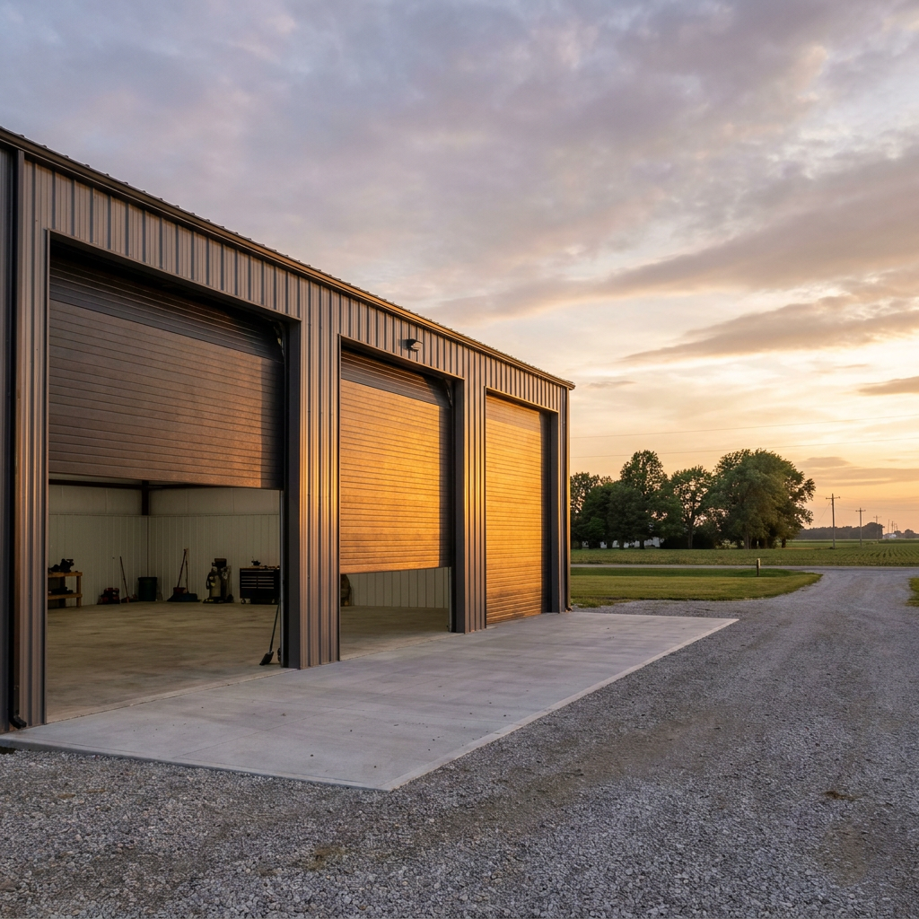 Post-frame garage with multiple overhead pole barn door options in Indiana