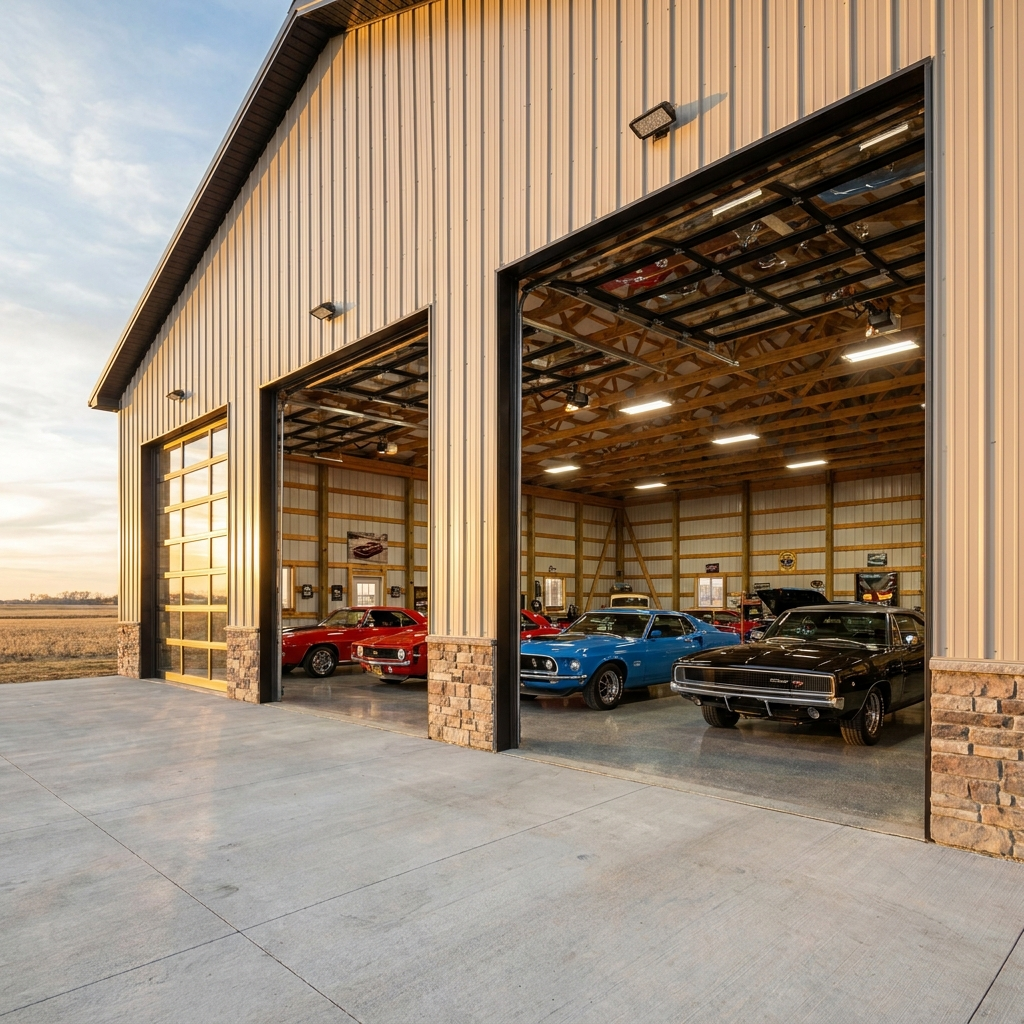 Post-frame car collector garage with glass doors and showroom interior in Indiana
