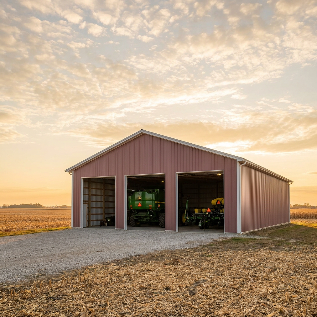 Large pole barn equipment barn on an Indiana farm storing combines and implements