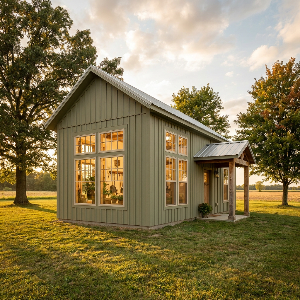 Post-frame she shed studio with large windows on a rural Indiana property