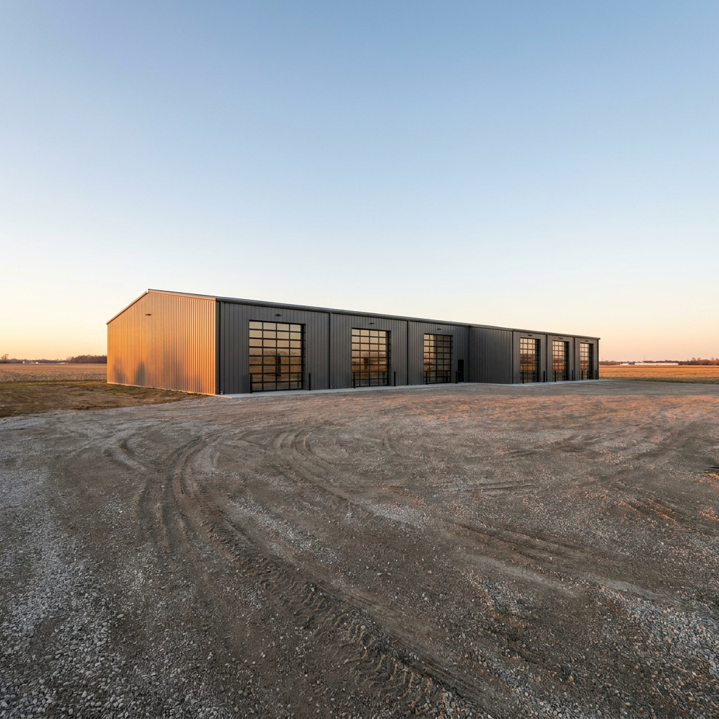 Large pole barn warehouse with commercial overhead doors in rural Indiana