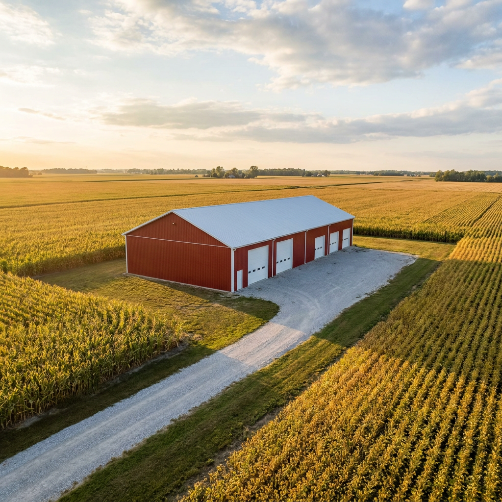 Large 60x100 agricultural pole barn building on Indiana farmland with overhead doors