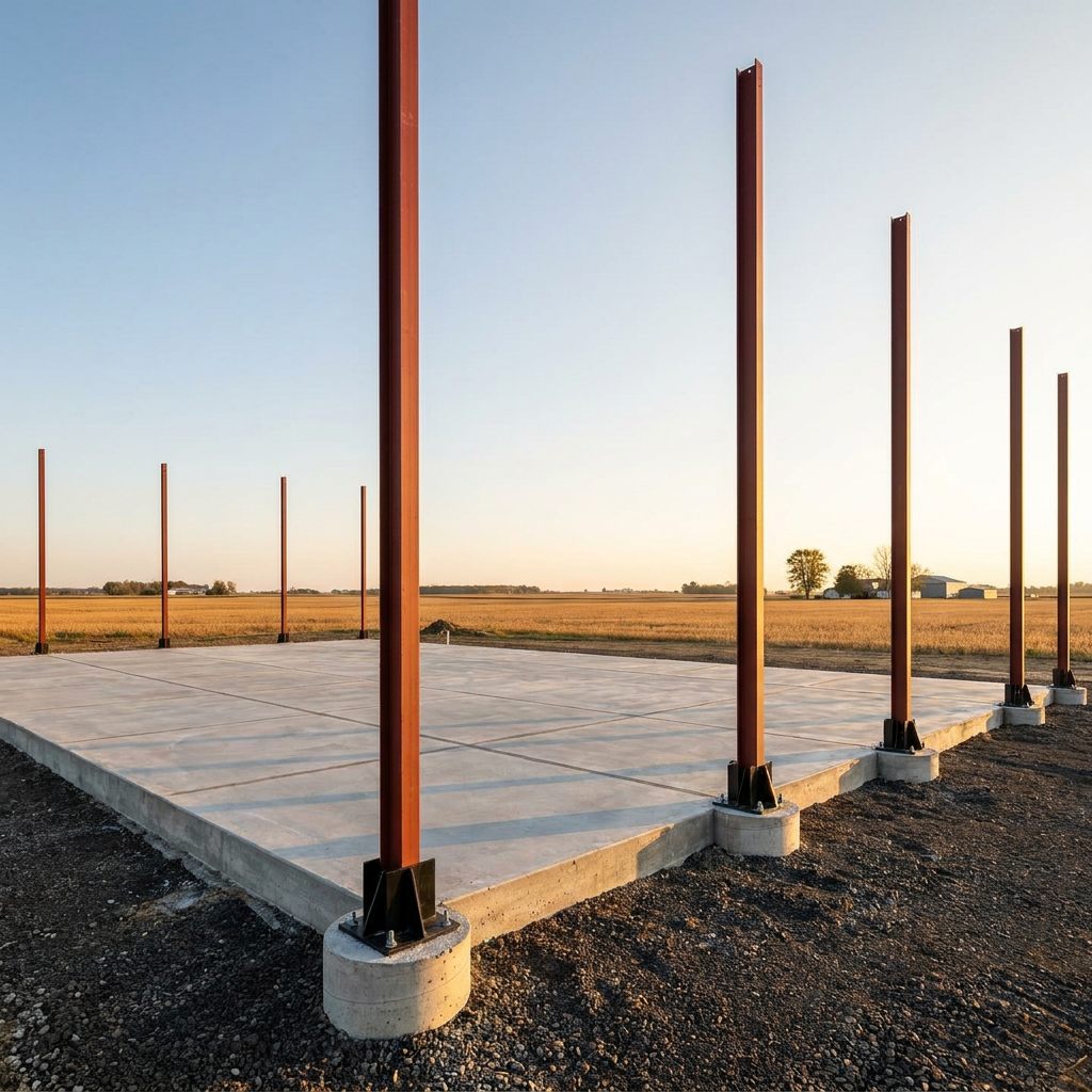 Pole barn foundation with concrete slab and post-frame columns under construction in Indiana