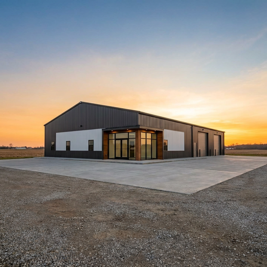 Post-frame office workshop combo building for small business in Indiana