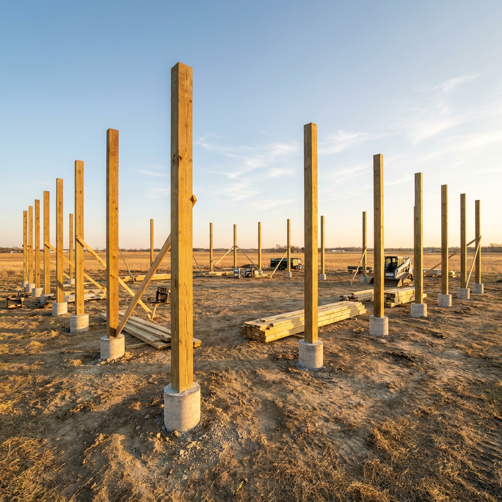Exposed pole barn foundation columns and concrete footings after storm damage on Indiana building site