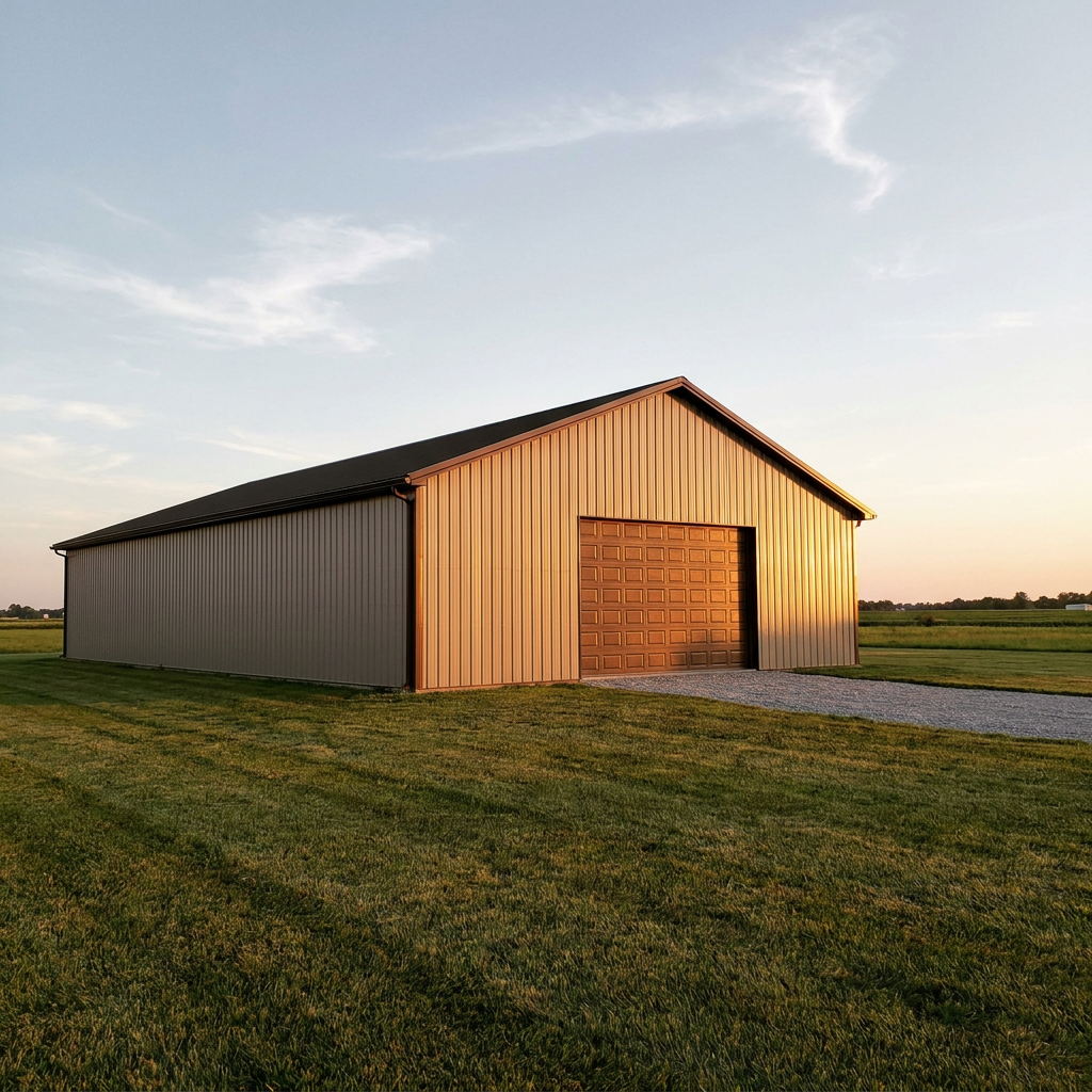 Post-frame pole barn hobby shop with overhead door on Indiana rural property