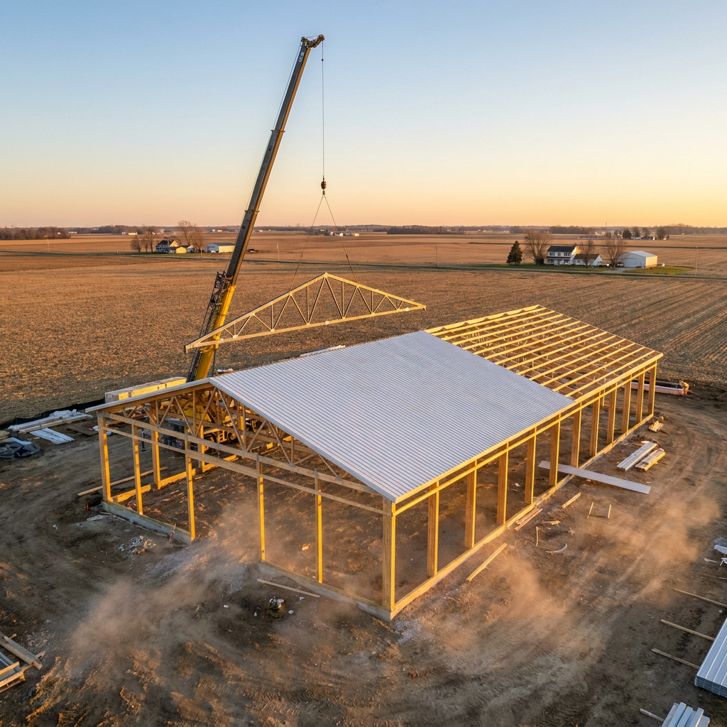 Commercial pole barn construction timeline showing post-frame building under construction in Indiana