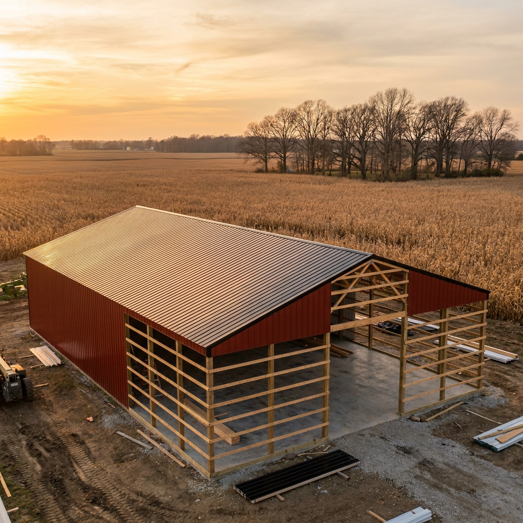 Post-frame barndominium shell under construction in rural Indiana with steel roof and siding