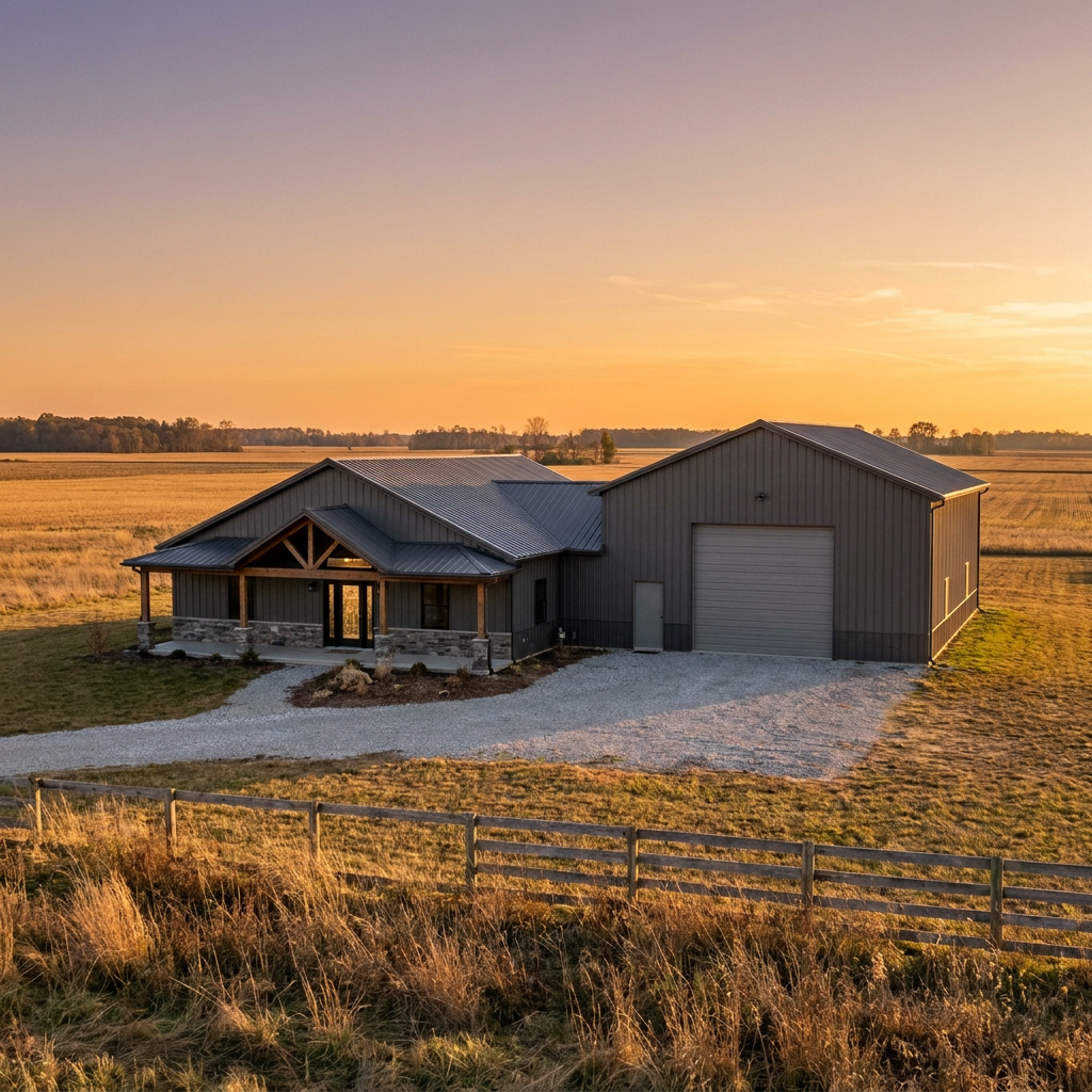 Modern barndominium floor plan pole barn shell building in rural Indiana landscape