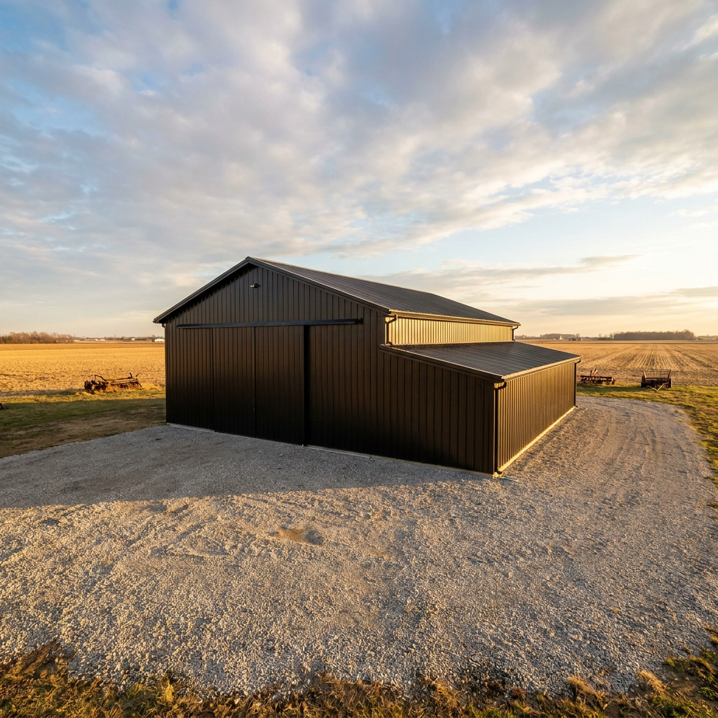 Post-frame pole barn lean-to addition attached to existing building in Indiana