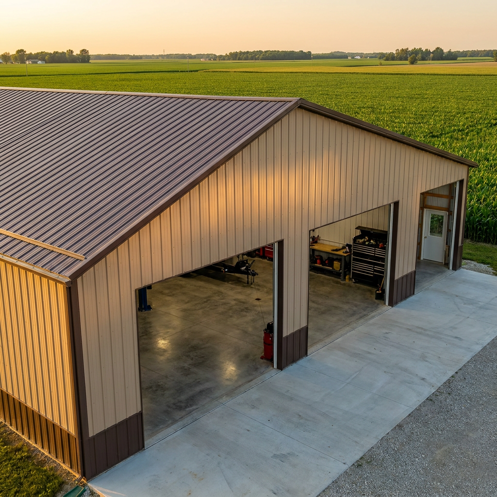 Large pole barn farm shop with overhead doors on rural Indiana farmland