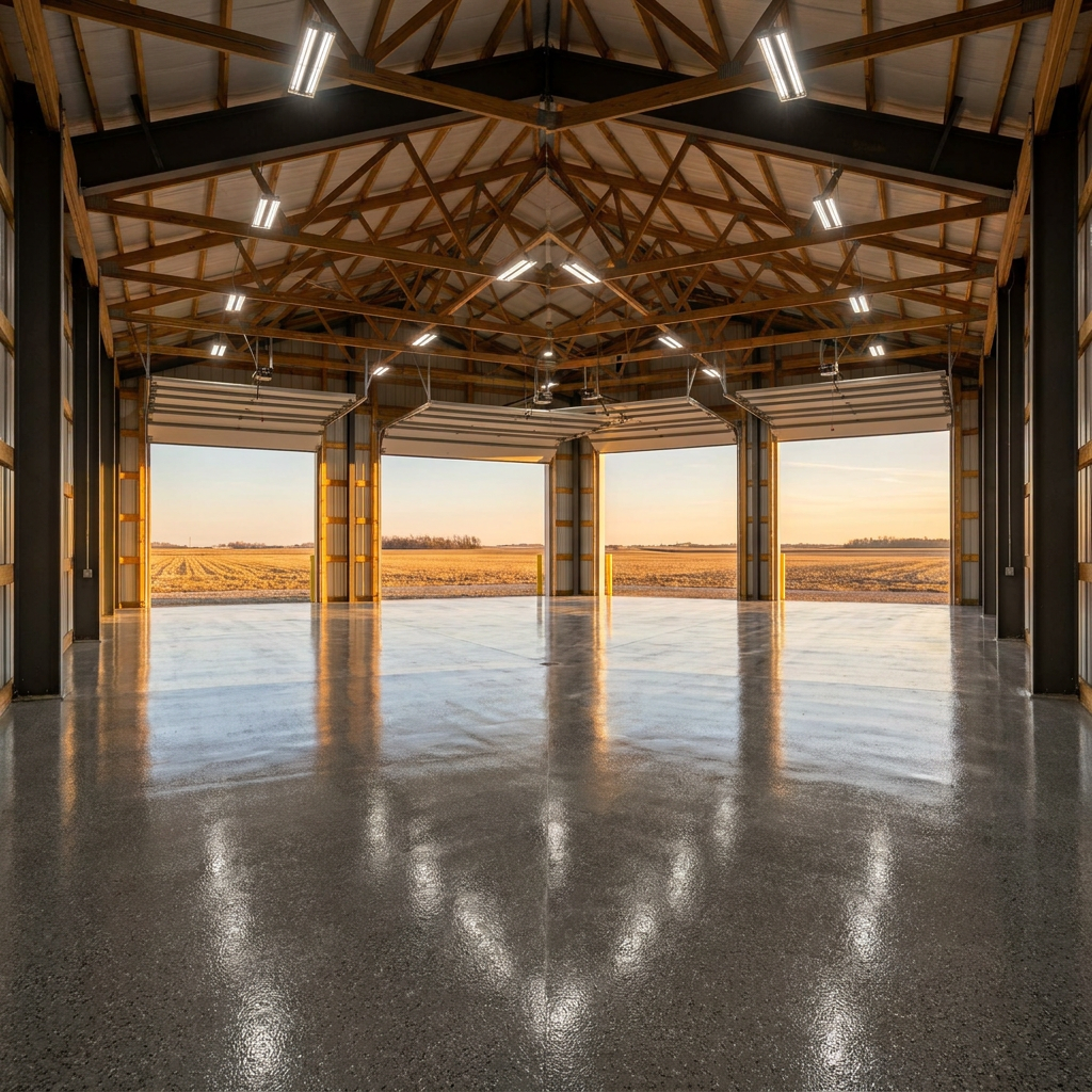 Post-frame garage interior with epoxy-coated concrete floor in rural Indiana