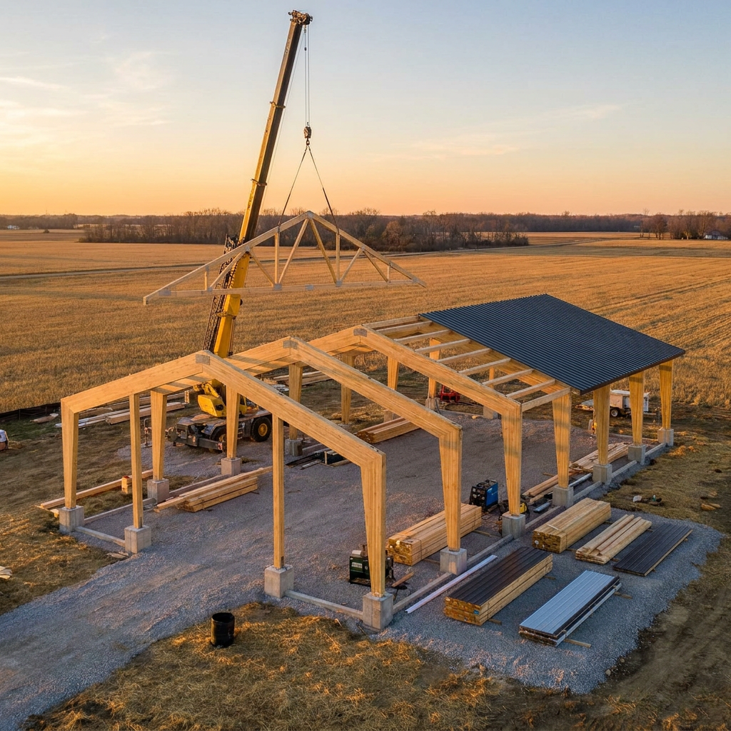 Pole barn construction timeline showing post-frame commercial building under construction in Indiana