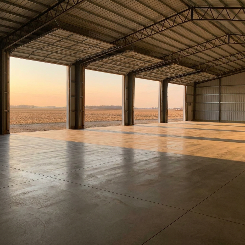 Freshly poured pole barn concrete floor inside Indiana post-frame building