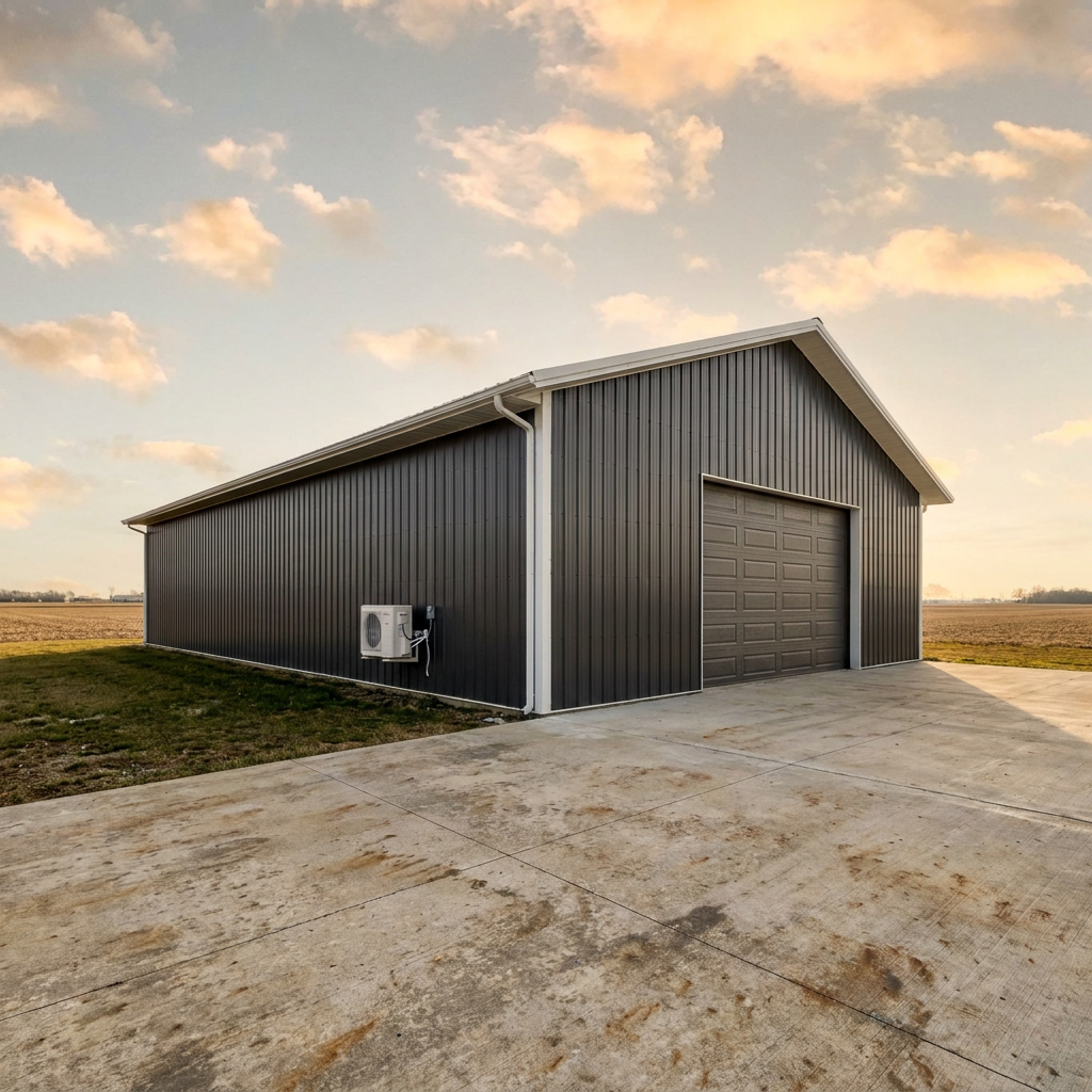 Post-frame shop building in Indiana with HVAC mini-split condenser unit installed