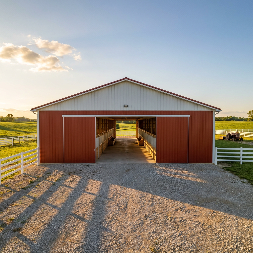 Post-frame livestock barn with open doors on Indiana farmland at golden hour